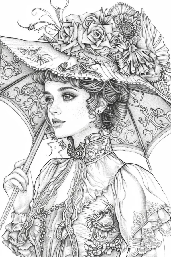 Victorian-style retro woman holding an ornate decorative parasol, realistic detailed line art — free printable victorian coloring book page