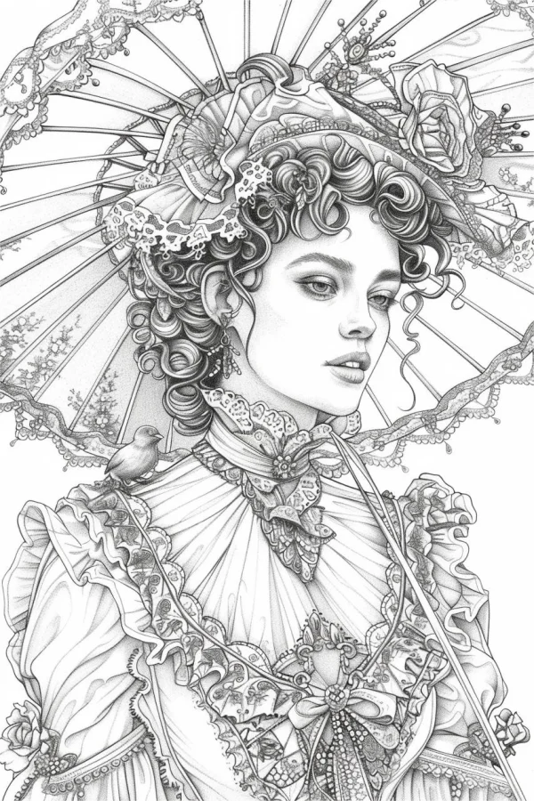 Victorian-style curly-haired girl holding a lace parasol, vintage sketch illustration style — free printable victorian coloring book page