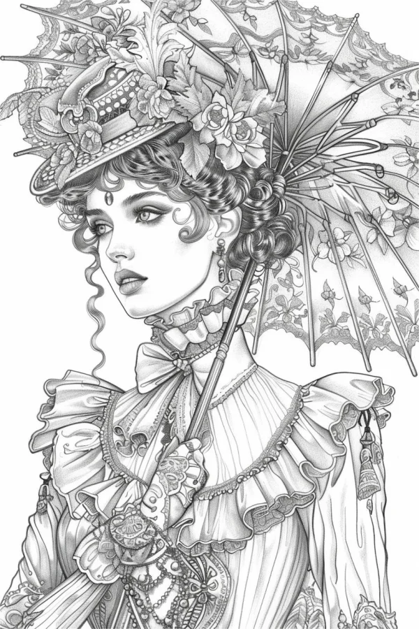 Victorian style noble woman, decorative art style — free printable victorian coloring book page