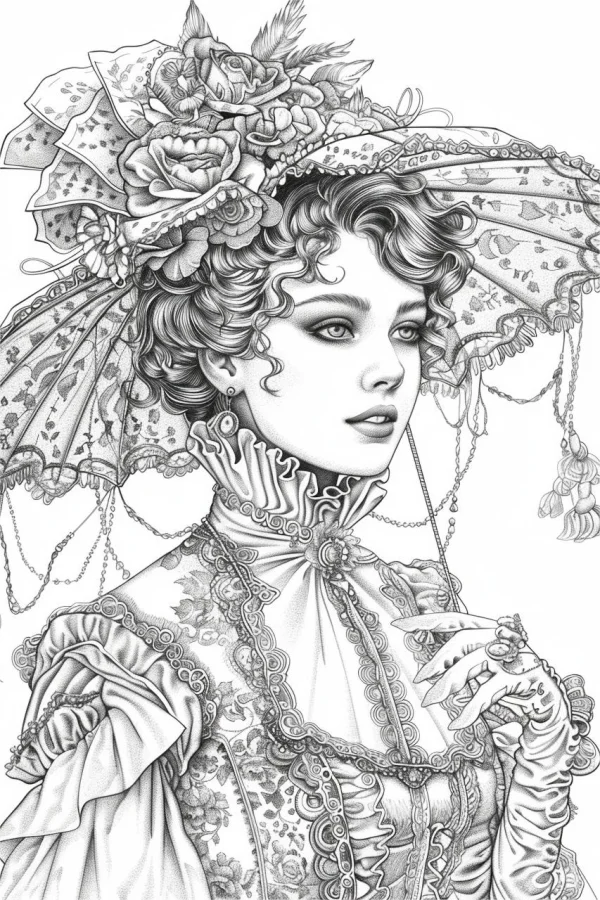Victorian-style retro woman with curly hair, vintage art style — free printable victorian coloring book page