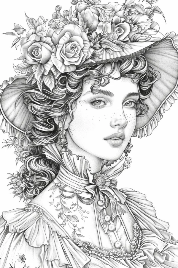 Vintage victorian girl with floral wide-brimmed hat and curly hair, retro victorian art style — free printable victorian coloring book page