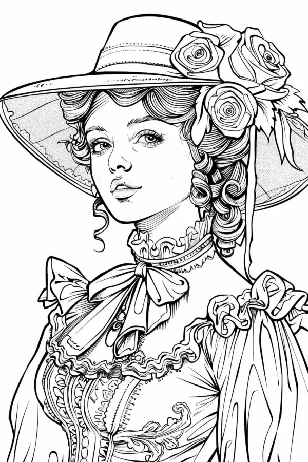Victorian style vintage girl with wide-brimmed hat decorated with roses, fine smooth lines — free printable victorian coloring book page
