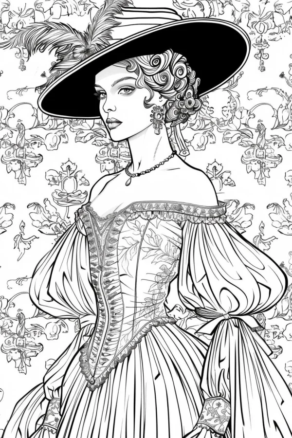 Victorian-style vintage noble woman with curly hair, wearing wide-brimmed hat with feather — free printable victorian coloring book page