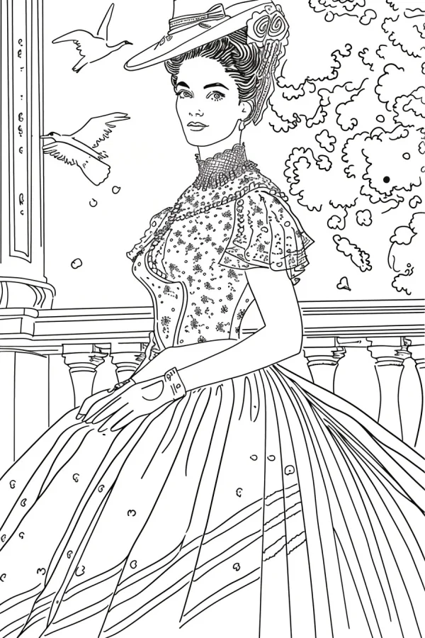 Victorian-style noble lady with wide-brimmed decorative hat, standing on a balcony with stone columns and railings — free printable victorian coloring book page