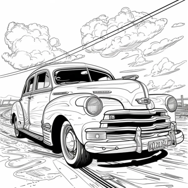 Vintage old car, retro art style — free printable outdoor scene coloring book page