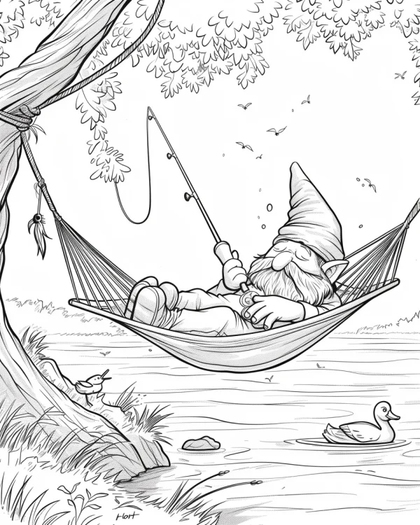 Gnome lying in hammock fishing, cartoon style — free printable fishing coloring book page