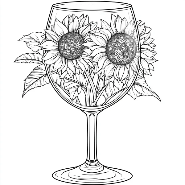 Sunflowers inside a tall wine glass, realistic line art style — free printable still life coloring book page