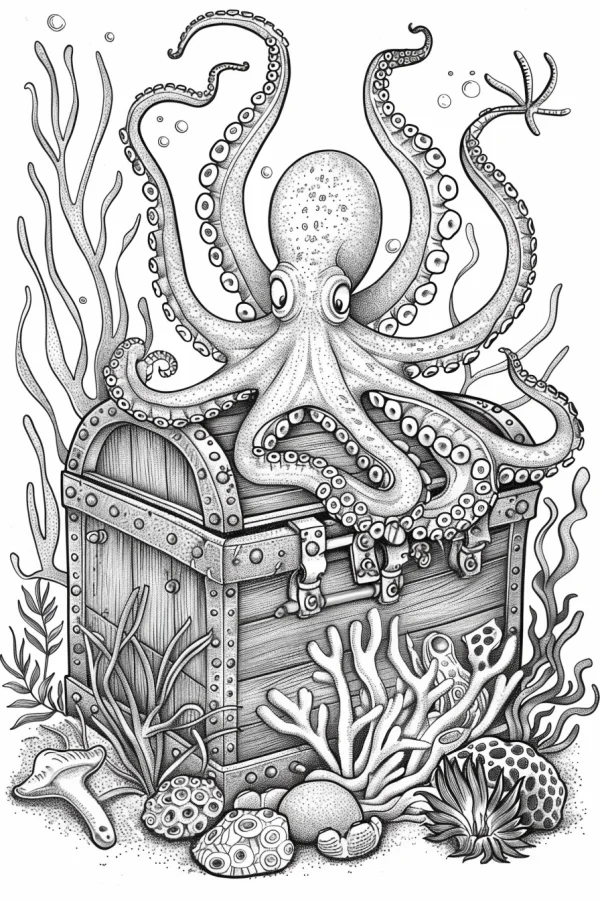 Octopus resting on a treasure chest, underwater scene with corals — free printable treasure coloring book page