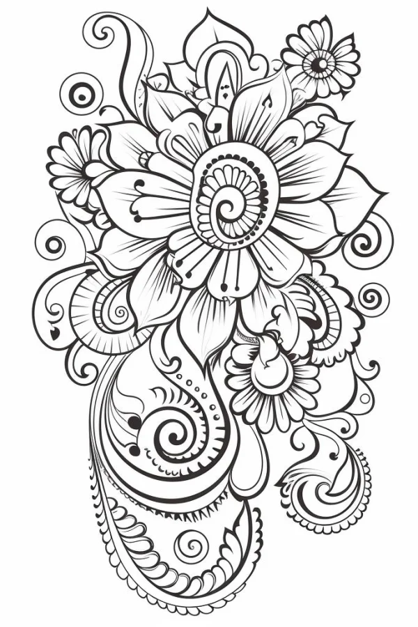 Mandala-style floral combination, bohemian ethnic style — free printable ethnic patterns coloring book page