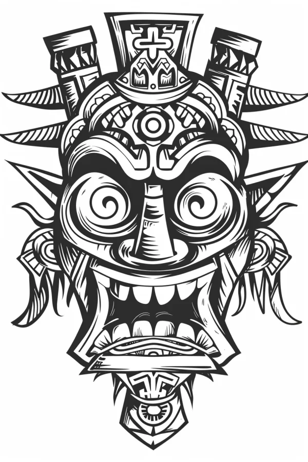 Mayan totem mask, tribal style — free printable totem coloring book page