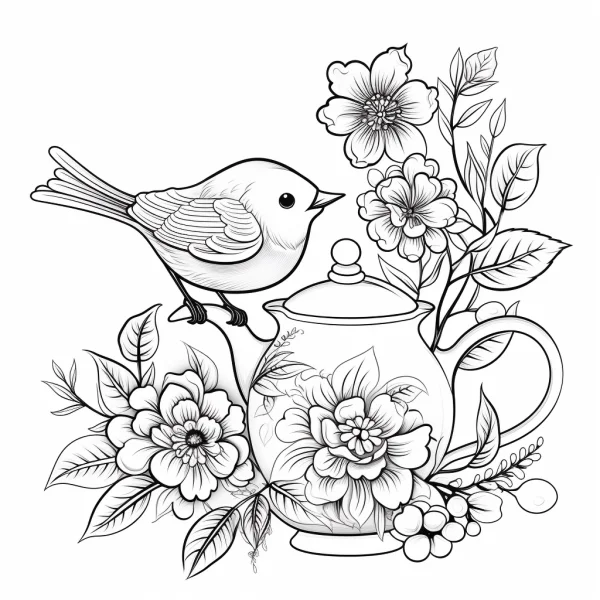 Cute small bird perched on a teapot decorated with flowers and leaves, cartoon illustration style — free printable living items coloring book page
