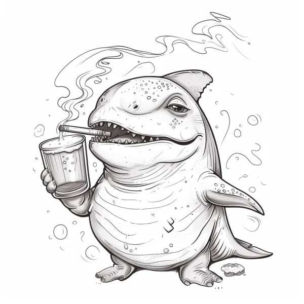 Anthropomorphic chubby shark holding a drink cup and smoking a cigarette, cartoon hand-drawn style — free printable daily leisure coloring book page