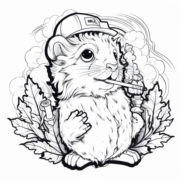Anthropomorphic hamster wearing a baseball cap and smoking a pipe, graffiti cartoon style — free printable personification coloring book page