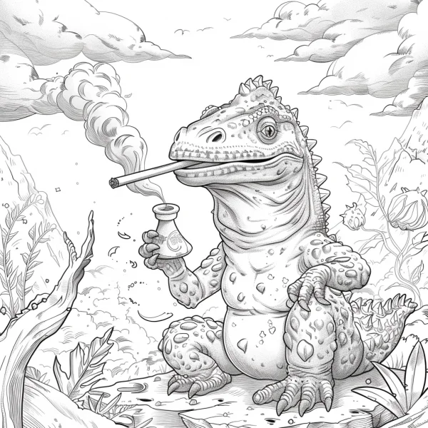 Anthropomorphic lizard smoking a pipe with a cigarette, sketch style — free printable reptiles coloring book page