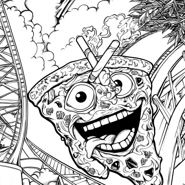 Anthropomorphic silly pizza slice with goofy face, holding smoking joints — free printable entertainment coloring book page