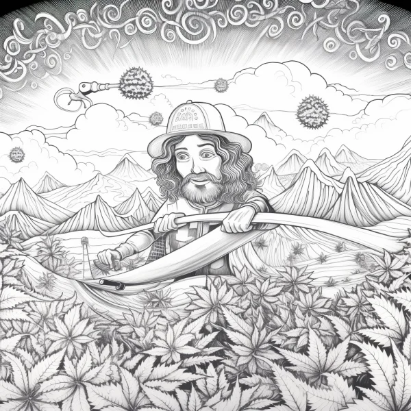 Man wearing fire dept hat rowing through cannabis leaf field, fantasy surreal style — free printable outdoor adventure coloring book page