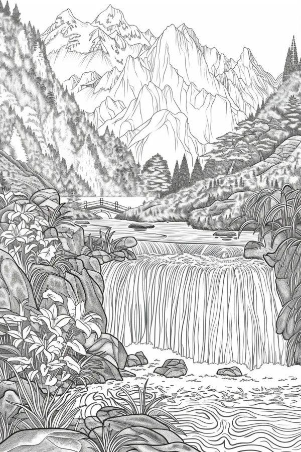 Landscape with waterfall and mountains, realistic style — free printable waterfall coloring book page