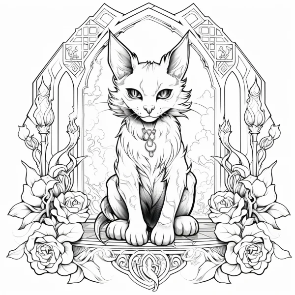 Gothic fantasy cat with ornate collar, sitting on carved pedestal — free printable goth culture coloring book page