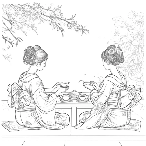 Two women in traditional japanese kimonos having a tea ceremony, japanese style — free printable tea culture coloring book page
