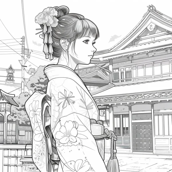Japanese kimono girl with flower hair accessories, realistic japanese illustration style — free printable traditional culture coloring book page