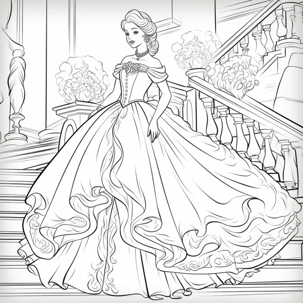 Elegant palace princess in a voluminous ball gown, fairy tale cartoon style — free printable court coloring book page