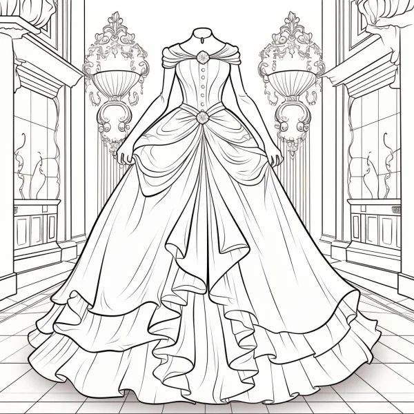 Elegant palace princess gown on dress form, fairy tale style — free printable court coloring book page