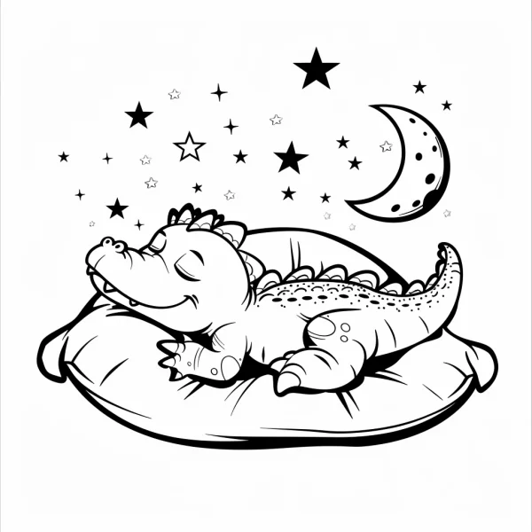 Cartoon sleeping baby crocodile resting on a pillow, night scene with stars and crescent moon — free printable night coloring book page