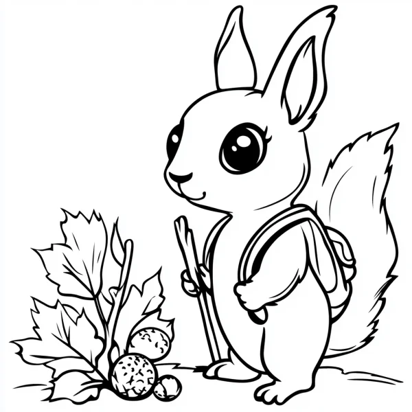 Cute squirrel with a backpack holding a small stick, cartoon style — free printable hiking coloring book page