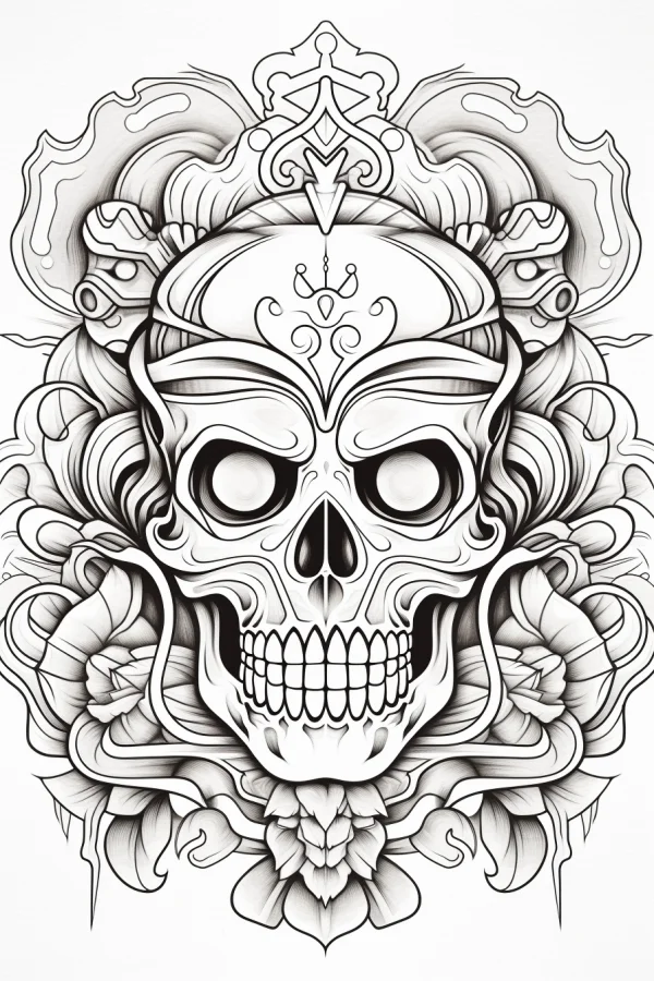 Gothic decorative skull surrounded by roses and intricate symmetrical patterns, black and white fine clean line art — free printable goth culture coloring book page