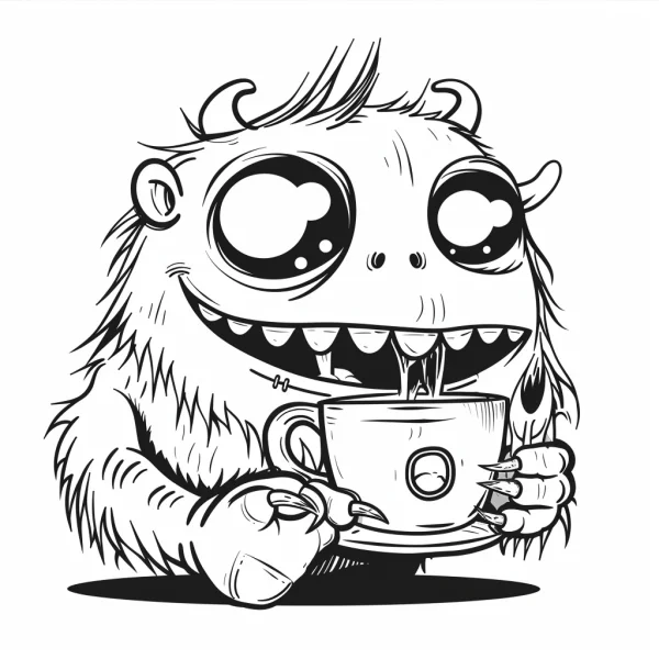 Fluffy cute monster holding a coffee cup and saucer, cartoon style — free printable daily leisure coloring book page