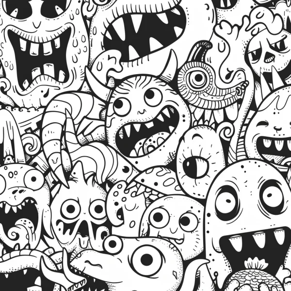 Collection of quirky cartoon fantasy monsters, cartoon style — free printable quirky coloring book page
