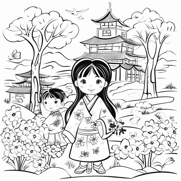 Children in hanfu with ancient chinese architecture, chinese cartoon style — free printable traditional architecture coloring book page