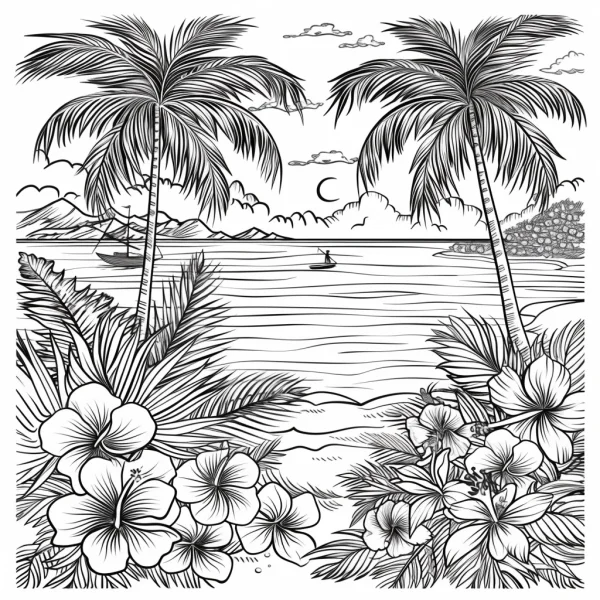 Tropical beach scenery with palm trees and hibiscus flowers, detailed natural scene featuring ocean — free printable tropical plants coloring book page