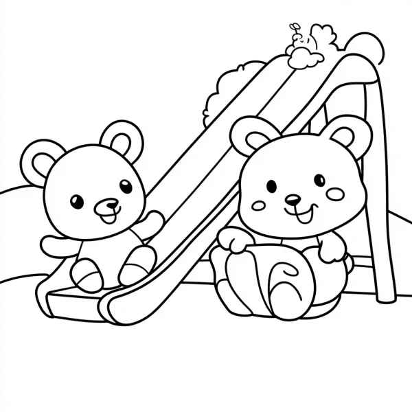 Cute little bears playing on slide, cartoon style — free printable children's life coloring book page