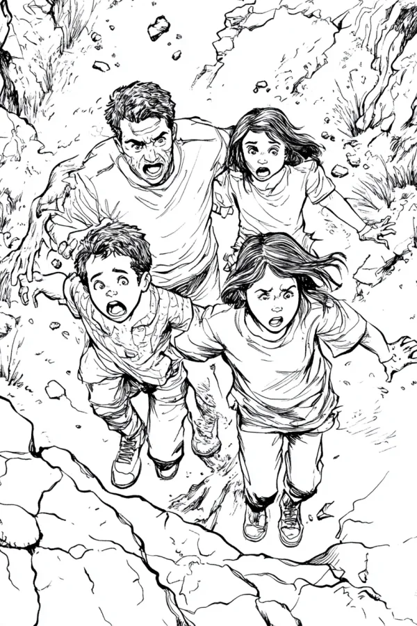Coloring book page, four terrified people escaping on cracked earthquake-stricken ground — free printable disaster coloring book page