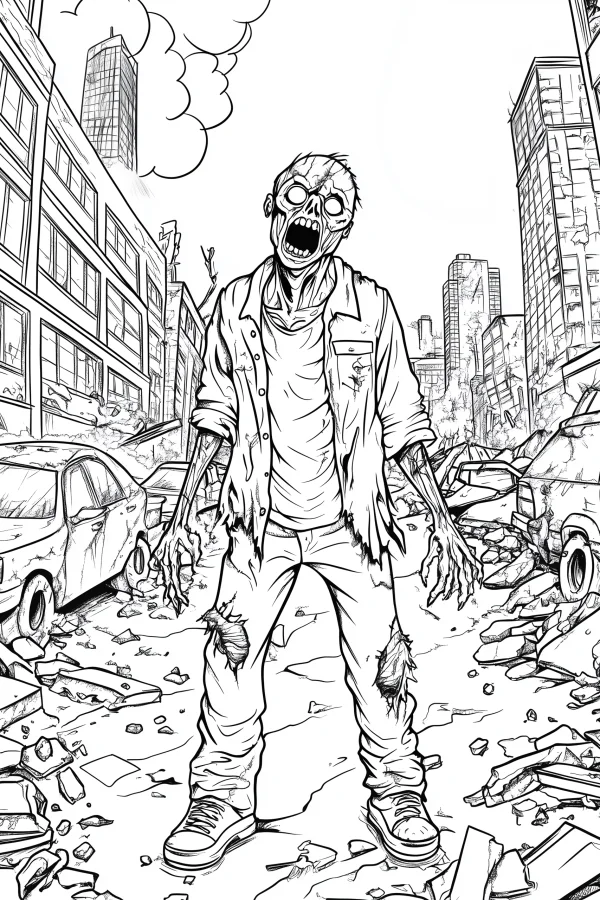 Coloring book page, post-apocalyptic zombie in ruined city — free printable zombies coloring book page