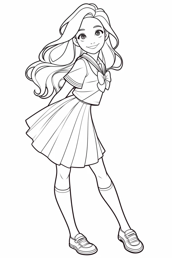 Cute japanese sailor suit girl with long curly hair, cartoon anime style — free printable campus life coloring book page