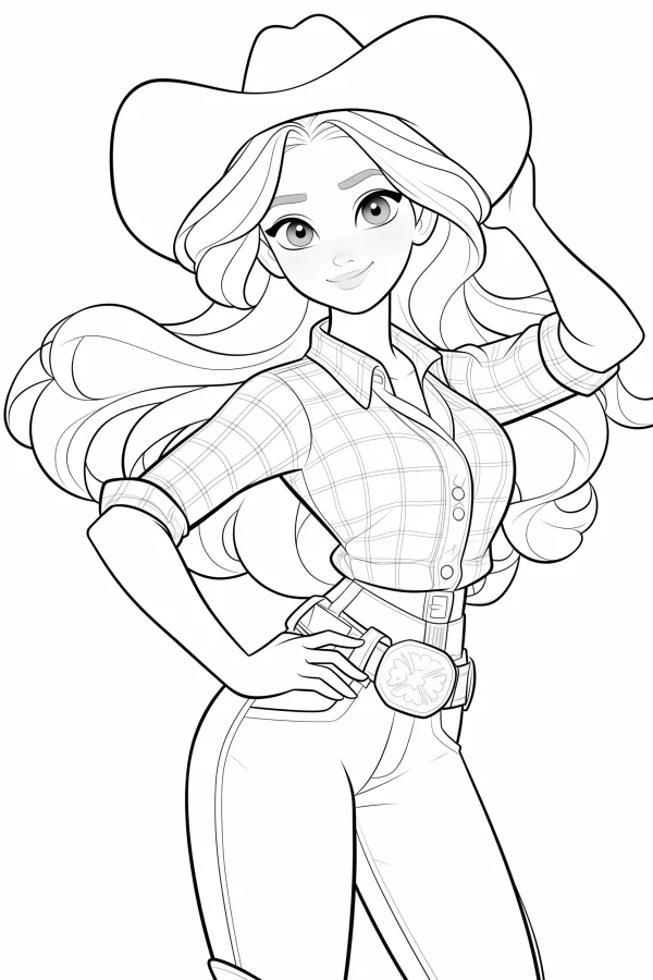 Cartoon cowgirl with long wavy hair, wearing wide-brimmed cowboy hat — free printable western cowboy coloring book page