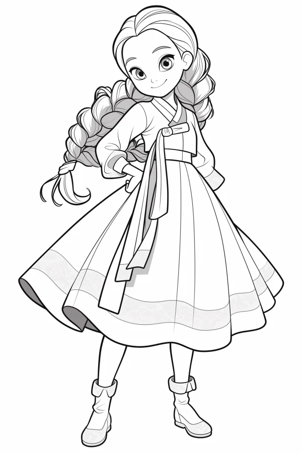 Cute girl in traditional korean hanbok with two big braids, cartoon style — free printable korean style coloring book page