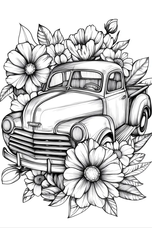 Vintage truck surrounded by daisies and leaves, retro realistic style — free printable vintage vehicles coloring book page