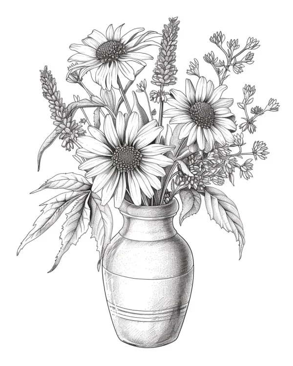 Daisy-like flower bouquet in ceramic vase, realistic sketch style — free printable still life coloring book page