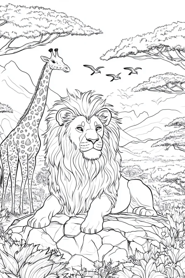 Majestic lion lying on rock with giraffe in african savanna, realistic style — free printable africa coloring book page
