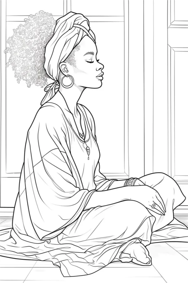 Meditating african-style woman with headwrap and large hoop earrings, realistic line art — free printable africa coloring book page