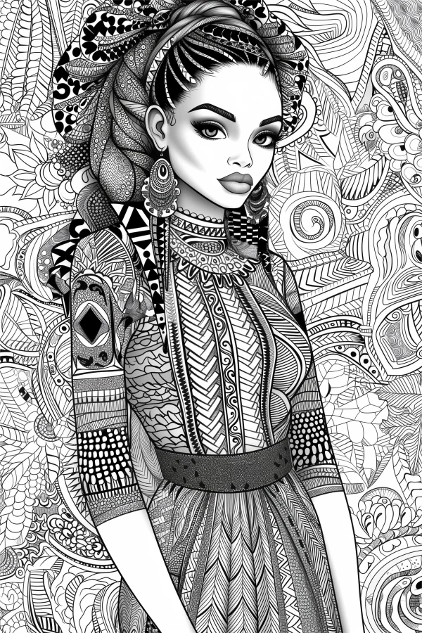 African style dressed woman with braided hair, african tribal art style — free printable ethnic culture coloring book page