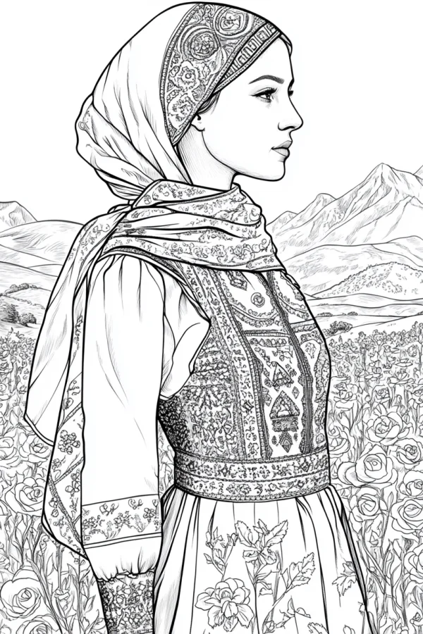 Side profile of a woman in traditional ethnic clothing with patterned headscarf, realistic line art style — free printable cultural theme coloring book page