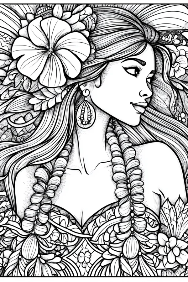 Polynesian style woman with hibiscus flowers and lei, intricate floral and vine patterns — free printable polynesian culture coloring book page