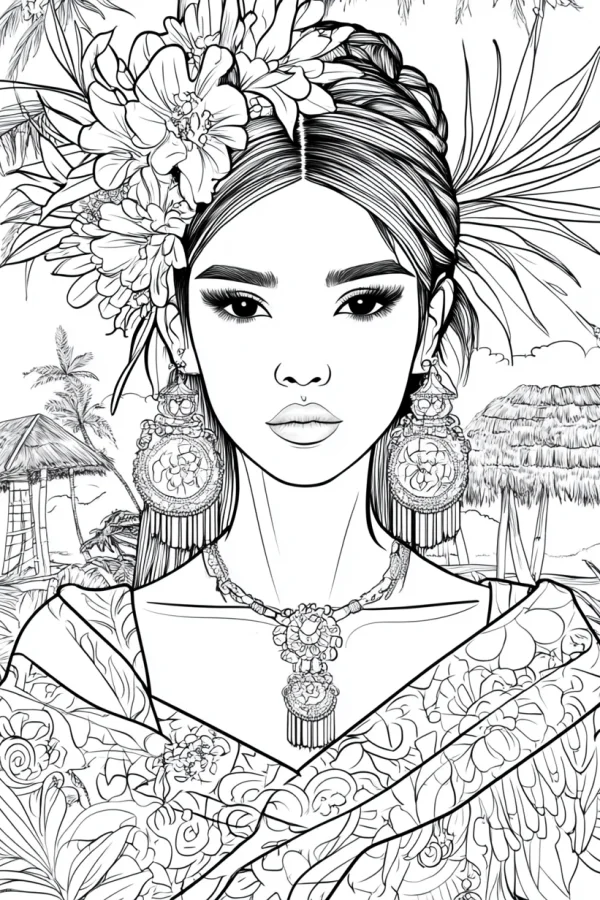 Southeast asian style woman in traditional dress with floral headdress, elaborate tassel earrings and carved necklace — free printable southeast asia coloring book page