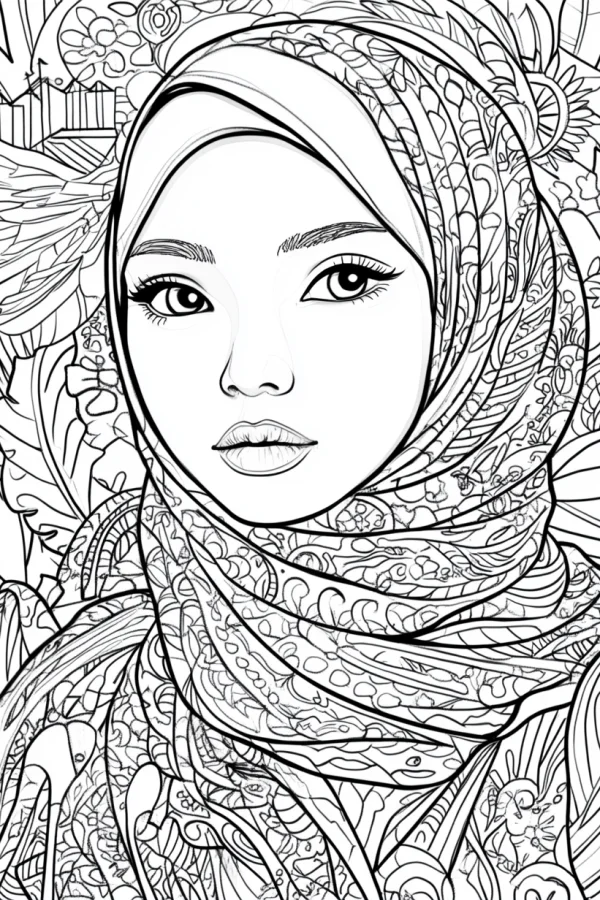 Middle eastern woman wearing hijab, middle eastern decorative art style — free printable middle east coloring book page
