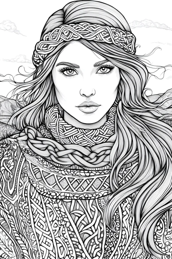 Celtic-style woman with long flowing hair, intricate celtic knot patterns on headband — free printable celtic culture coloring book page