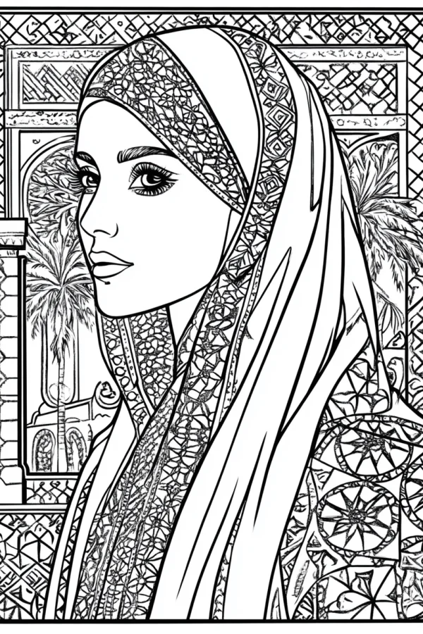 Middle eastern woman wearing hijab with intricate arabic decorative patterns, traditional middle eastern architecture and palm trees in the background — free printable middle east coloring book page